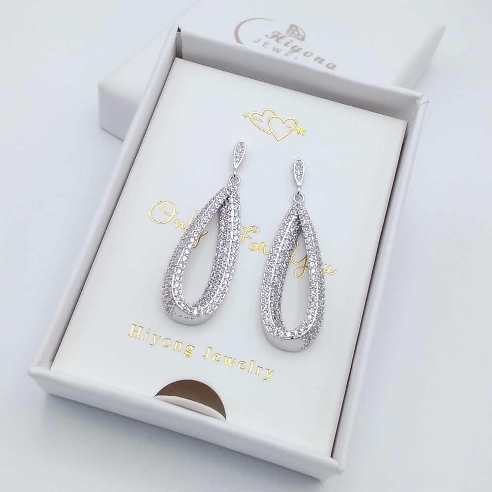 White Gold Crystal Dangle Teardrop Earrings